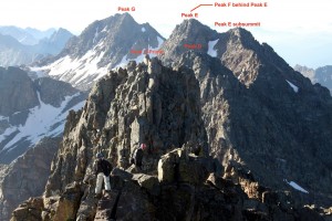 J & Caleb climbing Peak C's south ridge w/ Ripsw Ridge behind