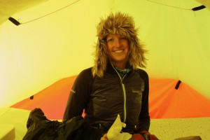 Kristine in our clam tent with her Antarctica hat