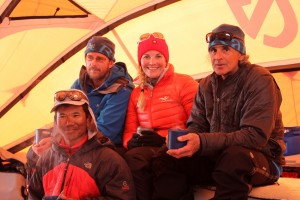 Left to right in Low Camp dining tent: Namyga, Andy, Villa, & Tom