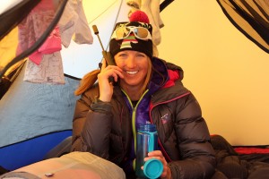 Kristine on the sat phone at High Camp