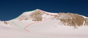 Red is our ascent of the north bowl - west ridge and green is our descent of the standard east ridge