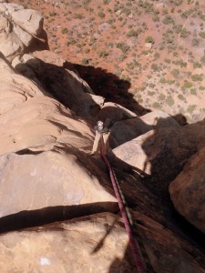 First double rope rappel off the summit down to the Time Tunnel