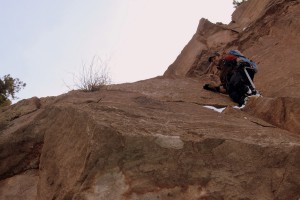 J on the 5th class rock to the right of the icefall at the 2nd crux