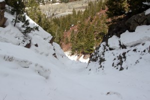 Looking down the couloir to the 1st crux below