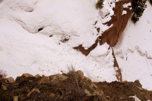 Looking down at the 2nd crux from exposed ledges