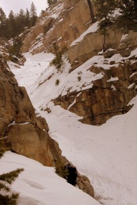 J working his way back into the couloir proper above the 3rd crux