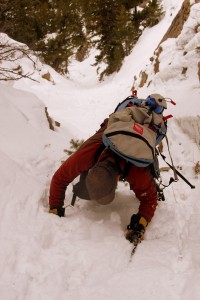 Steep snow climbing ensued as the couloir constricted towards the top