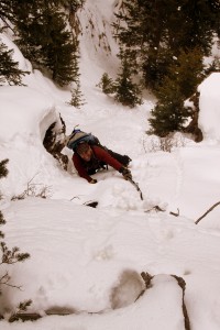 J finishing off the Minturn Couloir with more steep snow climbing