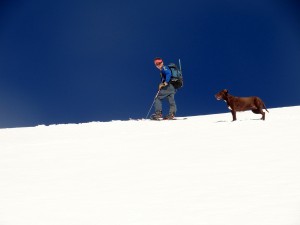 Me & Kona skinning up the steep chute to the upper basin