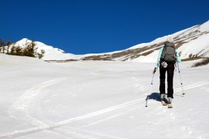 Kristine skinning up the lower portion of the Crystal Creek drainage