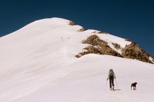 Kristine & Kona skinning up Crystal's east ridge to the summit