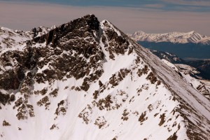 Pacific Peak (13,950') and its awesome north couloir from Crystal's summit. 14ers La Plata Peak & further to the right, Mt. Elbert, can both be seen on the right side of the picture