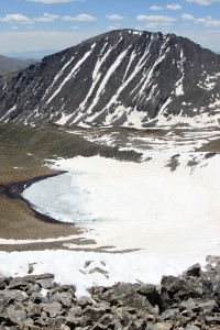 The highest lake in Colorado, Pacific Tarn (13,420'), and 14er Quandary Peak in the background from Pacific's summit