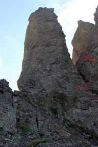 The Black Gendarme which begins Crestone Needle's north ridge. The 5.2 technical crux is shown to the Black Gendarme's right (south) followed by a class 3 climb up the gully to a mini knife-ridge