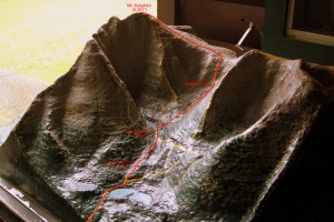 Mt. Katahdin model map showing the various routes at the Chimney Pond trailhead. Our route up then Saddle Trail is shown in red