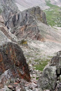 Looking back down our class 3/4 gully to access the Mt. Silverthorne plateau. Aries & Sagittarius can be seen below