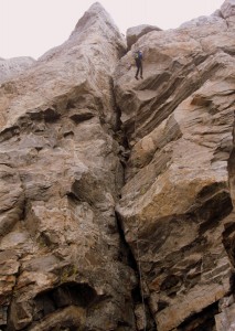 Bill having a blast on the free-hanging portion of the big 120 ft rappel to the Upper Saddle
