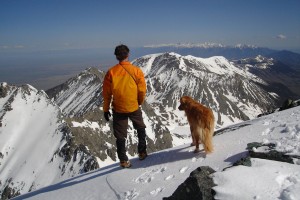 Rainier & I looking off at Ellingwood Point & the northern Sangres from the summit of Blanca Peak