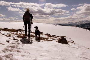 The long way home - Kristine & Kona heading down from Deluge Lake in the afternoon sun