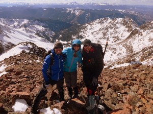 Left to right: Dillon, Becky, & Jason on the summit of Mt. Valhalla (13,180'). Photo courtesy of Dillon