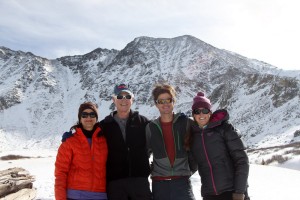 The four of us at the head of Mayflower Gulch with the high 13er, Fletcher Mountain (13,951'), behind