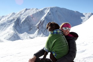 Kristine & Kona back in the warmth of the 12,400' plateau with Bald Mountain behind (13,684')