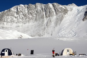 Vinson base camp and Mt. Vinson towering 9,000' above in the distance. The left tent was our ANI dining tent and the right tent is the food storage tent