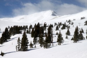 Jacque Peak's northeast ridge at the head of Copper Bowl. The Copper Mountain snowcat can be seen for cat-skiing in upper Copper Bowl