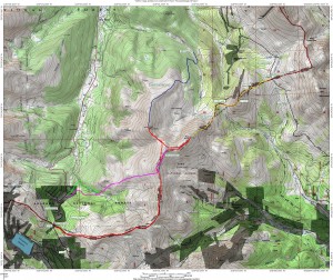 Our ascent in purple. Descent variation down Bemrose Creek drainage in green.