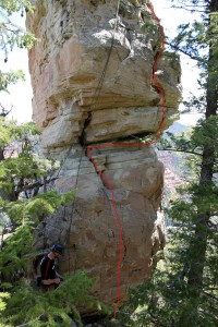 Lower slab portion of route may have a 5.10 move. Upper overhanging crack is more like 5.9
