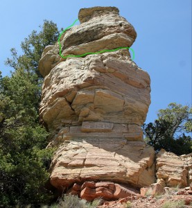Final portion of the Corkscrew route shown in green on the southwest face