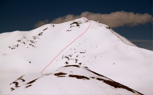 Our line down Jacque Peak's east face as viewed from Tucker Mountain