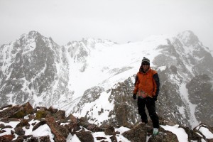 J on Rain's southern summit with Mt. Silverthorne (right) & East Thorn (left) behind