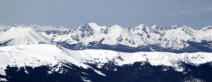 The Silverthorne Massif in the Gores with (left to right) East Thorn, Mt. Silverthorne, & Rain Peak, which we skied the weekend before