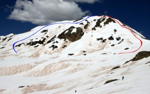 On the ski out the gulch our ascent line shown in red and ski descent in blue could be seen on West Geissler