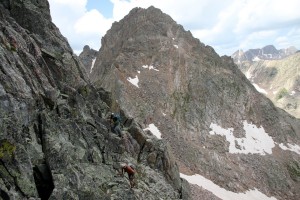Zambo & Rick scrambling up Peak R's northeast face ledge system