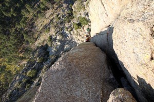 Looking down on the Durrance Crack and the boys from the belay