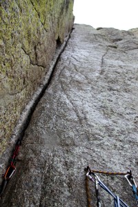 A soaked Pitch 2 of Soler from the hanging belay