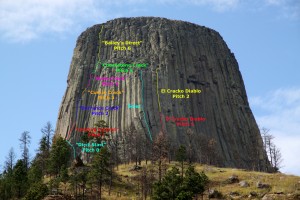 Devils's Tower's Durrance Route is pitched out on the left side of the picture. Two other climbs we did, Soler & El CRacko Diablo,  are shown on the Tower's east side. Click picture to enlarge