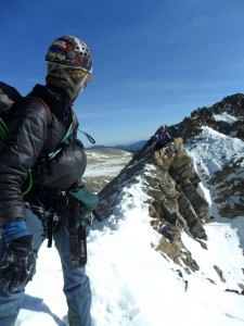 Me looking back at Kristine having crossed the knife-edge snow ridge