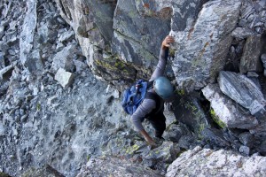 J climbing up into the notch to regain the ridge below the cliff 