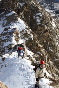 Jesse & Kristine almost done with the knife-edge ridge and to the base of the 2nd crux headwall pitch