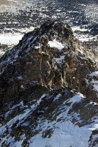 The party of two climbers seen from above the 2nd headwall crux