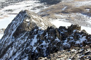 The east ridge from the class 3 terrain of the upper ridge