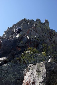 J scrambling up the final 30' to the top of gendarme #5 from our belay ledge
