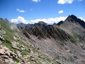 The Partner Traverse on the descent of West Partner's south ridge. The most difficult sections are in the center (East Partner on the far right)