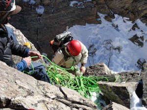 Me belaying Jesse up the 1st crux 5.2 headwall pitch out of the notch