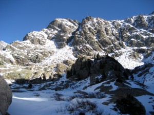 Peak C's southwest couloir as seen from the crest of the tarn filled basin