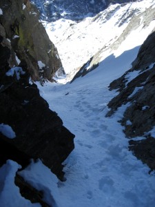 Looking down the southwest couloir from the very small notch at the top of the couloir between Peak C and Peak C Prime