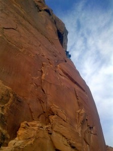 Me leading our 5th and final route of the day called Out of the Frying Pan Into the Fire (5.9). This was a very stiff 5.9 in our opinion and I've heard the face climbing at the bolts is more like 5.10